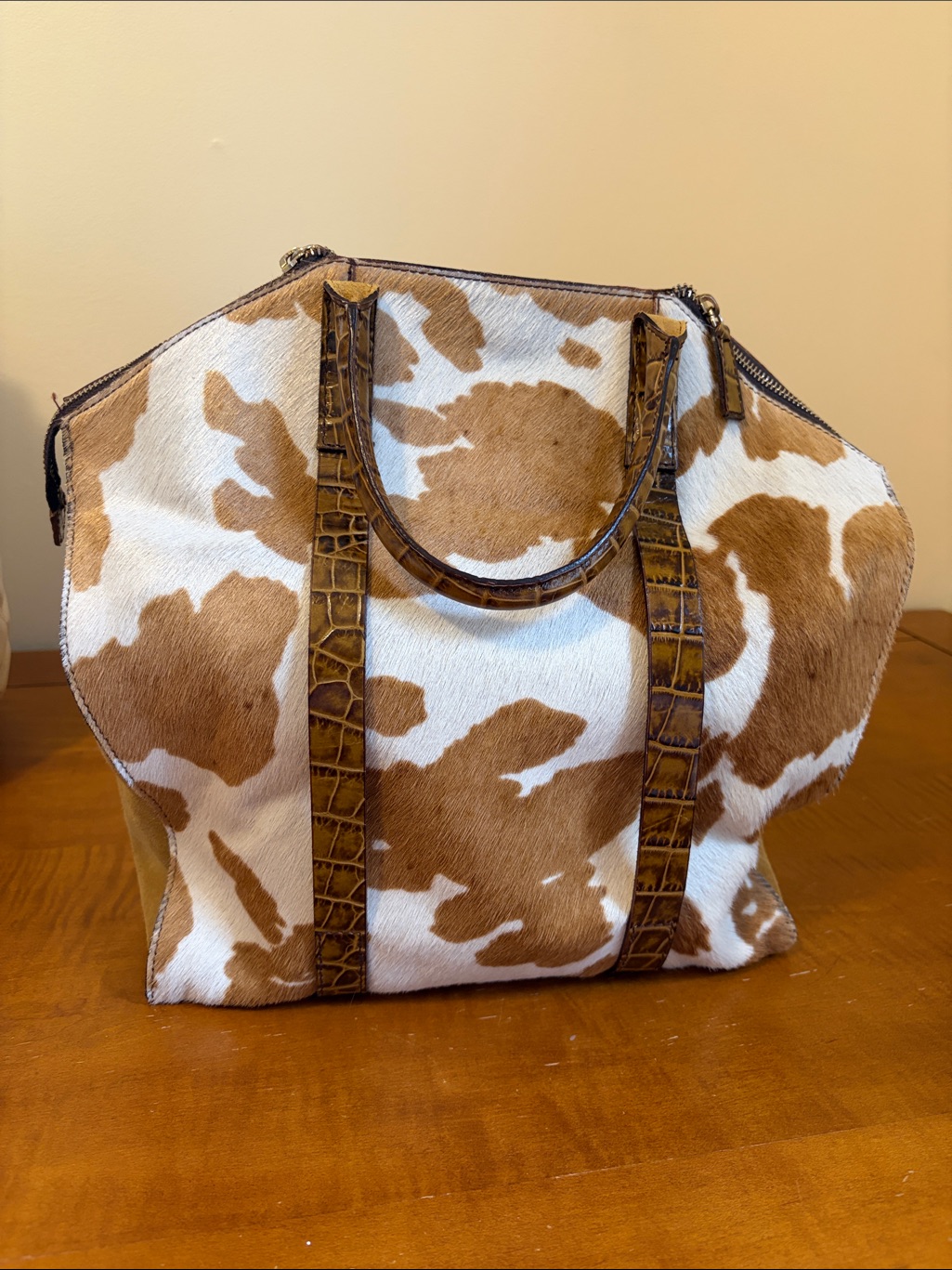Garnet Hill Brown And White Cowhide Tote With Croc-Embossed Trim